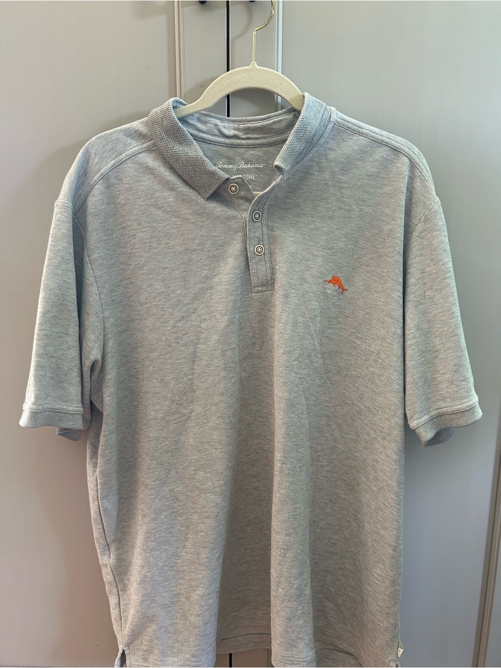 Tommy Bahama Light Gray Polo with Orange Dolphin Logo